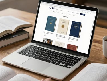 A desk with a laptop and several open books. The screen shows a clean website layout with book cover images. Bright, natural lighting.