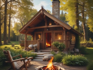 a cabin with a fire pit in the middle of a garden
