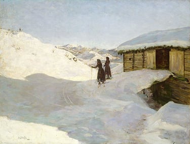 a painting of a snowy landscape with two women on skis outside a wooden structure