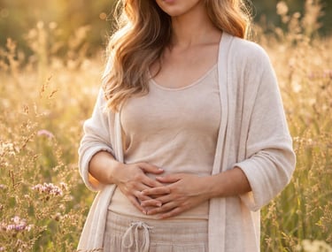 a woman in a white sweater and pants standing in a field