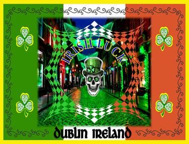 Irish luck graphic with a skull in a leprechaun hat over a Dublin Ireland street at night.