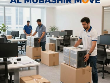 Two professional movers carefully wrapping furniture items in protective film inside a modern villa in Middle Eastern / Gulf (Abu Dhabi, UAE).