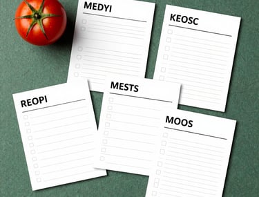 A clean, flat-lay composition of social media planning cards on a matte forest green surface, accented with a single ripe tomato, Northern European style.