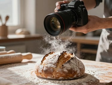 An artisanal baker dusting flour over a sourdough loaf in a sunlit workshop, captured with a professional camera lens, Northern European / North American.