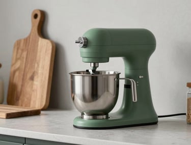 A sleek, modern kitchen counter with a matte forest green mixer and a wooden cutting board, minimalist Scandinavian design, Northern European / North American.