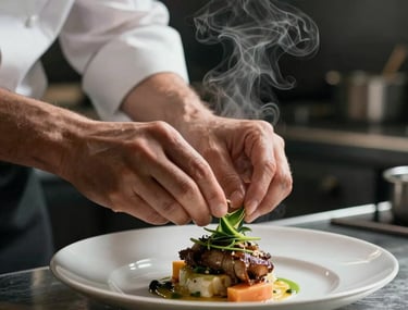 A cinematic shot of a chef's hands carefully garnishing a dish in a professional kitchen, steam rising against a dark, moody background.
