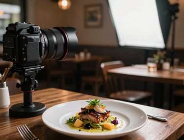 Behind-the-scenes shot of a professional lighting setup in a cozy bistro, focusing on a beautifully plated dish ready for a social media content shoot.