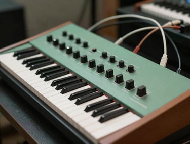 A classic analog synthesizer with many patch cables, soft sage green lighting in a dark room, technical and artistic.