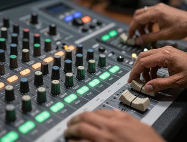 Close-up of professional audio mixing console in a studio, glowing indicators in sage green, hands adjusting knobs, Latin American context, dark charcoal backdrop.