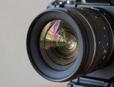 Close-up of a high-end cinema camera lens reflecting a studio light, focus on mechanical precision and professional quality.