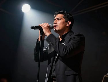Cinematic low-angle shot of a singer under a single spotlight in a dark room, dramatic shadows, Latin American / Spanish-speaking person.