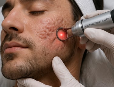 A man receiving a CO2 fractional laser treatment to reduce facial acne scars and improve skin texture.