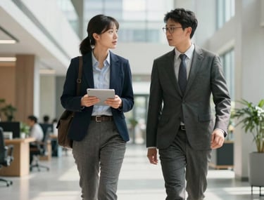 A lifestyle photography shot of two business professionals in business casual attire having a focused discussion while walking through a bright, modern office atrium in a US city. The atmosphere is professional and collaborative.