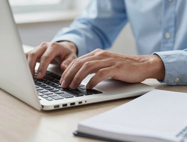Close-up photography of a professional's hands working on a sleek laptop and a notepad in a bright office environment. The palette includes light blue and white tones. The focus is on precision and detail, reflecting a data-driven work style.