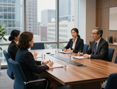 A high-end photography shot of a professional boardroom meeting in a North American corporate office. The setting is modern with a large wood table, comfortable navy blue chairs, and a blurred view of a city through floor-to-ceiling windows. Natural light fills the room.
