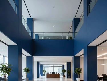 A professional shot of a modern office lobby with high ceilings and minimalist decor. The color scheme is dominated by navy blue and pale blue. The composition is symmetrical and clean, suggesting order and strategic insight. North American / US location.