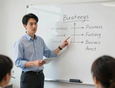 A professional portrait of a consultant pointing at a clean whiteboard in a bright, modern meeting room. The whiteboard contains neatly written business terms and arrows. The focus is on the interaction and the clear communication of strategy.