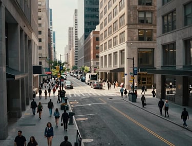 A high-angle shot of a busy urban street in a North American business district during a clear day. The architecture is modern, and people are moving with purpose. The composition is dynamic yet organized, reflecting the business transformation theme.