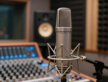 A close-up shot of a high-end music recording studio. A sleek microphone stands in front of sound-absorbing foam, with soft steel blue and orange ambient lighting illuminating a professional mixing console in the background. African / Pan-African context.
