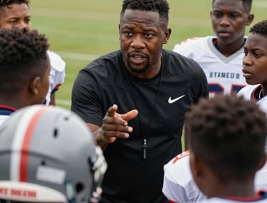 A close-up photograph of a youth football coach, an African / Pan-African man, passionately explaining a play to a group of attentive young players on a grassy field.