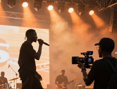 A dynamic shot from the side of a stage at a music festival. A performer is silhouetted against a wall of bright orange stage lights while the camera operator in the foreground focuses the shot. African / Pan-African context.
