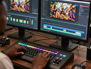 A close-up of a high-end video editing suite. An African / Pan-African professional is using a color-grading console to edit a vibrant festival video on a dual-monitor setup.