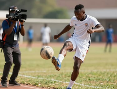 An action photo of a football tournament on a sunny day. A player is mid-kick while a cameraman on the sideline follows the ball. African / Pan-African setting.