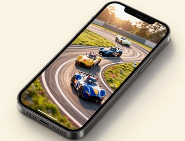 A high-resolution photograph of a smartphone displaying a colorful race track with stylized cat racers. Soft cream background and warm sunlight.