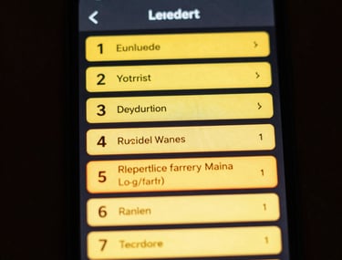 A high-contrast photograph of a smartphone screen showing a global leaderboard in a game. Bright yellow and orange highlights on a dark background.