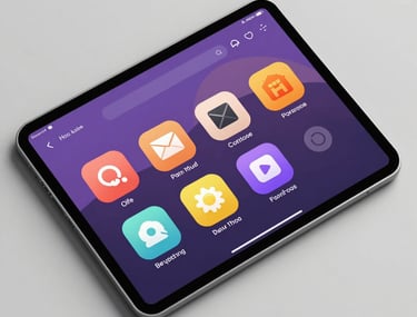 A top-down studio shot of a modern tablet showing a polished user interface for a mobile game, featuring stylized icons and soft purple and orange tones. North American / Global tech aesthetic.