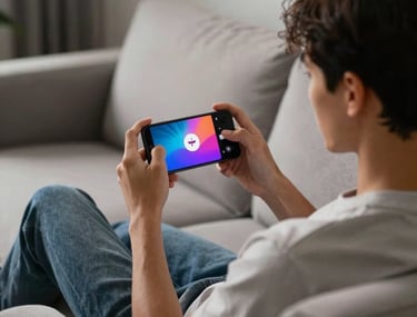 A lifestyle shot of a person sitting on a modern sofa in a North American / Global home, holding a phone horizontally while gaming. Vibrant screen glow on their face.