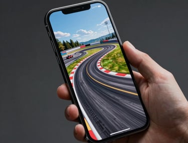 A professional studio photograph of a smartphone held in landscape orientation, showing a 3D racing track with vibrant lighting. North American / Global market.