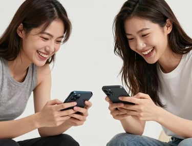 A lifestyle studio photograph of two people laughing and playing a competitive game on their smartphones. Bright, clean North American / Global aesthetic.