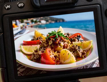 A close-up of a professional camera monitor showing a beautifully plated Mediterranean dish at a Bodrum restaurant. Vibrant colors. Turkish / Aegean Coast.