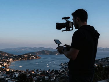 A videographer in silhouette using a drone controller on a hill overlooking Bodrum bay during blue hour. Professional gear. Turkish / Aegean Coast.