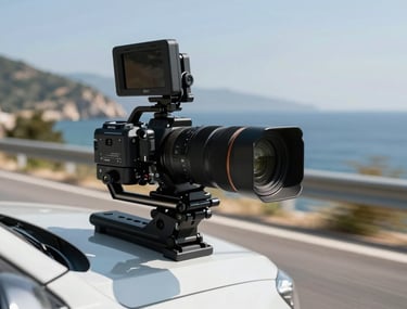 An action shot of a professional camera mounted on a car for high-speed tracking shots along a coastal road in Bodrum. Sharp and modern. Turkish / Aegean Coast.