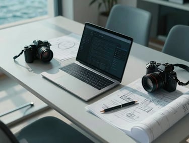 Overhead view of a creative meeting table with a laptop, a camera, and blueprints in a sunlit room in Bodrum. Muted teal and light blue tones. Turkish / Aegean Coast.