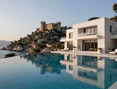 A crisp, high-resolution photo of a luxury villa's infinity pool reflecting the Bodrum castle. Professional architectural photography style. Turkish / Aegean Coast.
