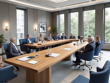A professional lawyer discussing estate planning documents with a family around a table.
