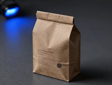 A photograph of a minimalist, sustainable product packaging design sitting on a dark grey surface with professional blue lighting accents.