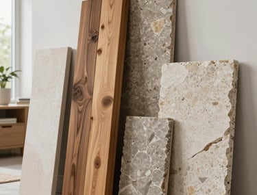 A detailed photograph of high-end, sustainable architectural materials like reclaimed wood and recycled stone, presented in a bright, modern North American interior setting with soft lighting.