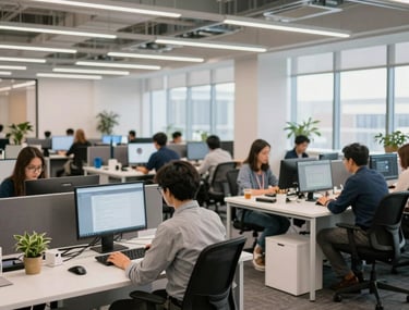 A photograph of a bright, open-plan workspace in a North American tech hub, featuring people working at clean, white desks.