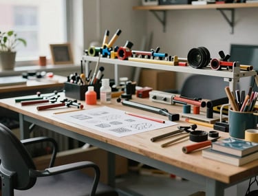 A detailed photograph of a shared maker space in a North American city, filled with professional tools and creative projects in progress.