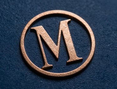 Macro shot of a high-quality print texture with a bronze-colored logo. Deep blue background, sophisticated and premium Latin American / Hispanic style.
