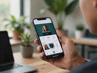 Lifestyle shot of a person using a high-end mobile device in a modern, plant-filled Latin American office. Natural lighting, focus on the screen showing a sleek brand interface.