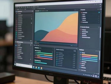 Close-up of a digital interface on a high-end monitor showing abstract data visualizations. Soft, cinematic lighting in a Latin American corporate environment.