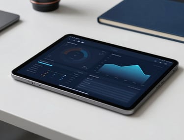 Clean photography of a sleek, dark metallic tablet on a desk, displaying a sophisticated dashboard with data charts. Background is a professional Latin American workspace, colors in ghost white and Oxford navy.