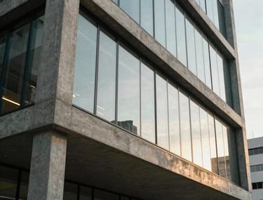 An architectural detail of a modern tech hub building in a Latin American city. Concrete and glass with soft shadows. Modern and professional aesthetic.