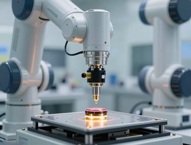 Macro photography of a high-precision medical sensor being assembled by a robotic arm in a brightly lit, high-tech cleanroom.