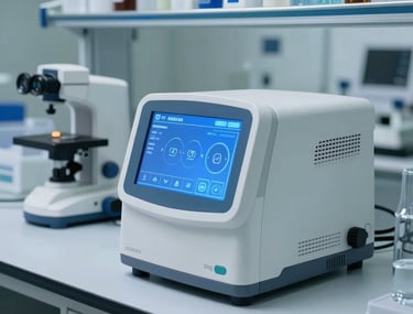 A clean, clinical laboratory setting in a South Asian city where a sleek medical diagnostic device with an glowing blue interface sits on a white sterile surface.
